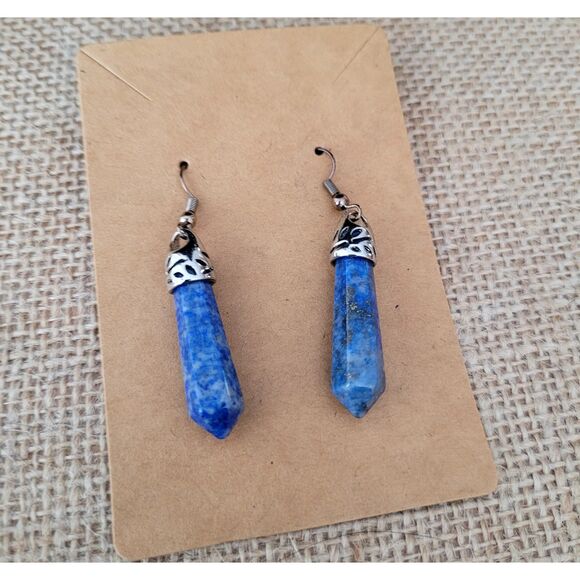 1-1/4" Genuine Lapis Obelisk Dangle Silver French Wire Earrings Fashion Jewelry - Picture 2 of 3